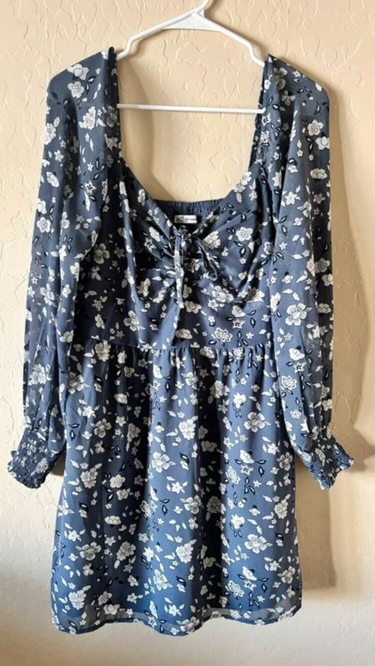 Hollister Womens Floral Babydoll Dress Blue Long Sleeve Tie Front Smocked Large